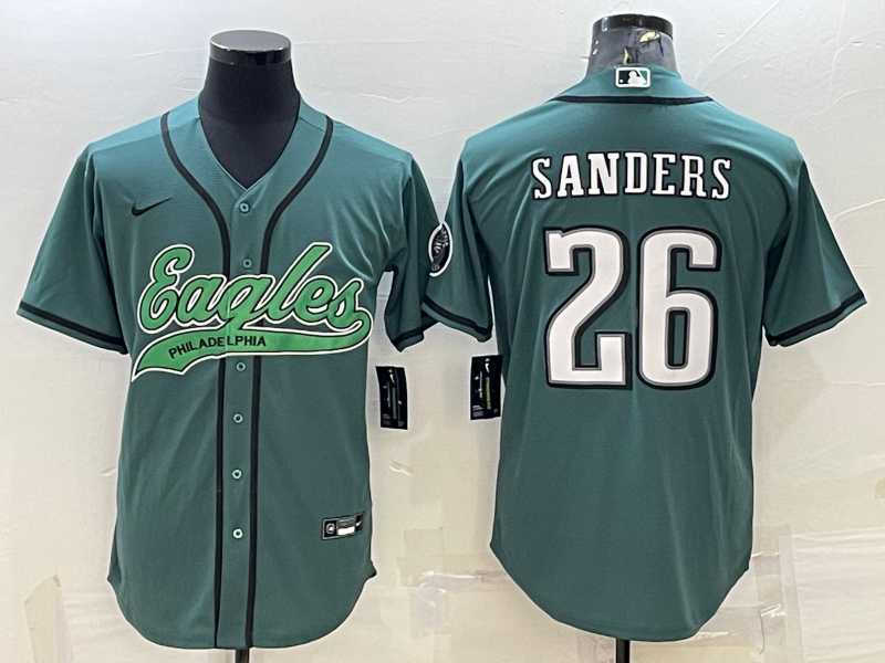 Mens Philadelphia Eagles #26 Miles Sanders Green With Patch Cool Base Stitched Baseball Jersey